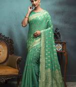 Sea Green Woven Cotton Saree With Blouse