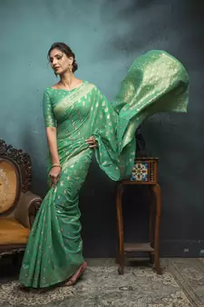 Sea Green Woven Cotton Saree With Blouse