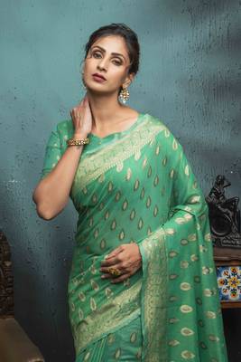 Sea Green Woven Cotton Saree With Blouse 3