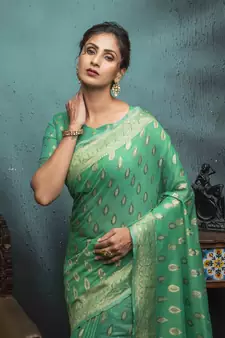 Sea Green Woven Cotton Saree With Blouse