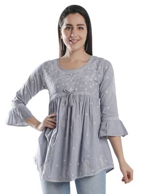 Hand Embroidered Grey Cotton Lucknowi Chikankari Top 1