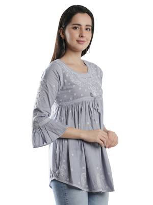 Hand Embroidered Grey Cotton Lucknowi Chikankari Top 3