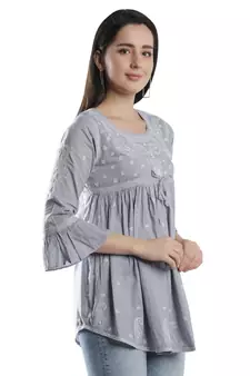 Hand Embroidered Grey Cotton Lucknowi Chikankari Top