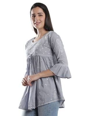 Hand Embroidered Grey Cotton Lucknowi Chikankari Top 4