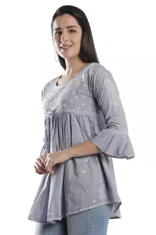 Hand Embroidered Grey Cotton Lucknowi Chikankari Top