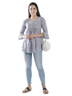 Hand Embroidered Grey Cotton Lucknowi Chikankari Top 6