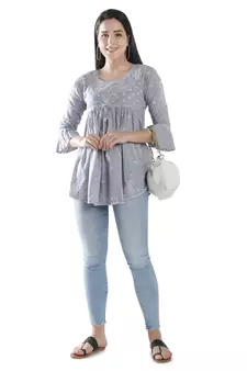 Hand Embroidered Grey Cotton Lucknowi Chikankari Top