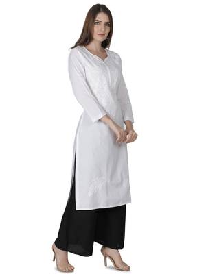 Hand Embroidered White Cotton Lucknowi Chikan Kurti 3