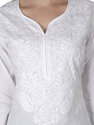 Hand Embroidered White Cotton Lucknowi Chikan Kurti 5