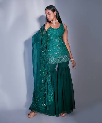 Hand Embroidered Emerald Gharara 1