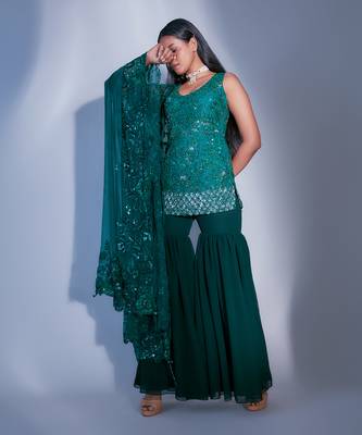 Hand Embroidered Emerald Gharara 2