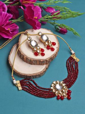 Royal Maroon Kundan Onyx Beads Choker Necklace Set 1