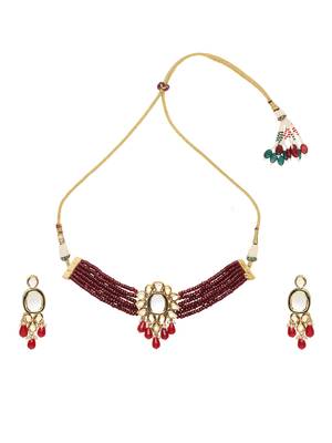 Royal Maroon Kundan Onyx Beads Choker Necklace Set 2
