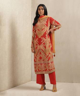 Red Printed Kurta With Pants And Dupatta 1