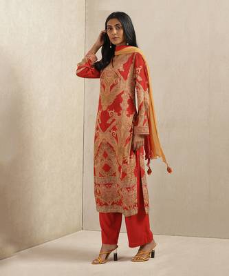 Red Printed Kurta With Pants And Dupatta 2