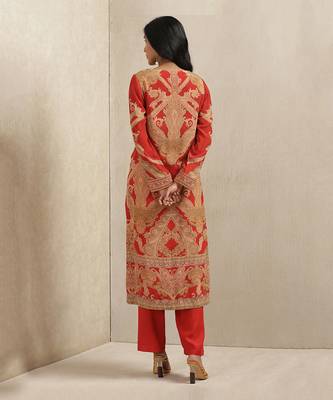 Red Printed Kurta With Pants And Dupatta 3