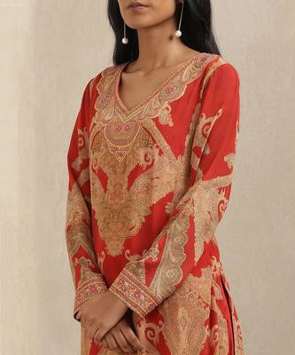 Red Printed Kurta With Pants And Dupatta 5