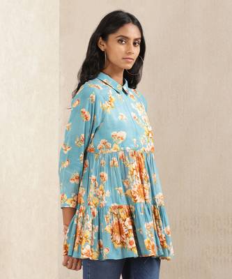 Turquiose Floral Print Kurti 4