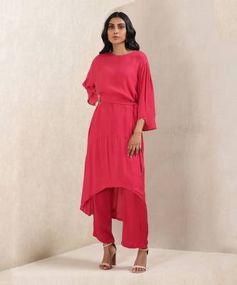 Red Satin Kurta With Pant by RITU KUMAR 1
