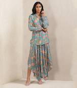 Teal Floral Print Silk Kurti With Palazzo