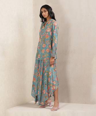 Teal Floral Print Silk Kurti With Palazzo 2