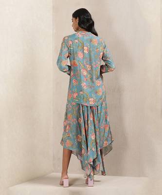 Teal Floral Print Silk Kurti With Palazzo 3