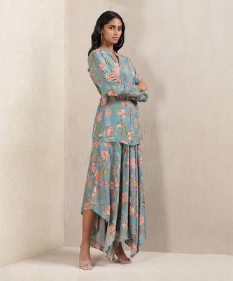 Teal Floral Print Silk Kurti With Palazzo 4