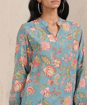 Teal Floral Print Silk Kurti With Palazzo 5