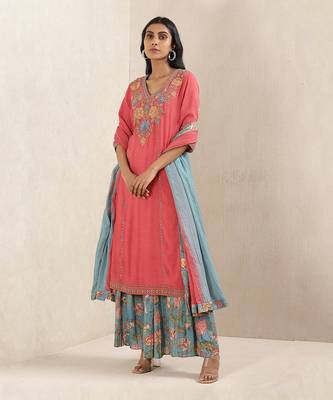 Red Embroidered Kurta With Pant And Dupatta 2