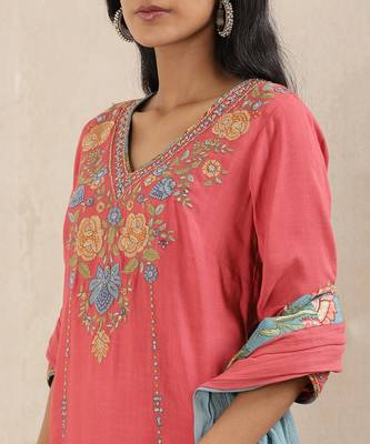 Red Embroidered Kurta With Pant And Dupatta 5