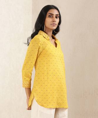 Yellow Printed Cotton Kurti 4