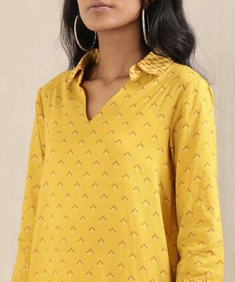 Yellow Printed Cotton Kurti 5