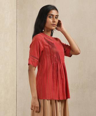 Red Solid Cotton Kurti 4