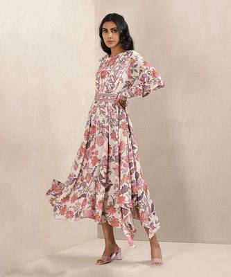 Off White Floral Print Silk Dress 1