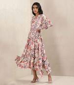 Off White Floral Print Silk Dress