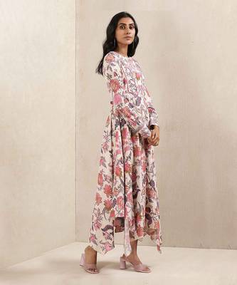 Off White Floral Print Silk Dress 2