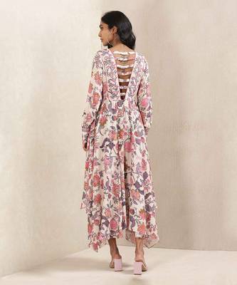 Off White Floral Print Silk Dress 3