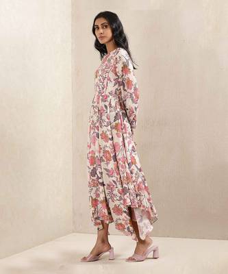 Off White Floral Print Silk Dress 4