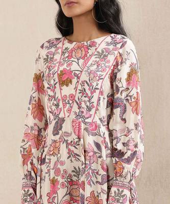 Off White Floral Print Silk Dress 5