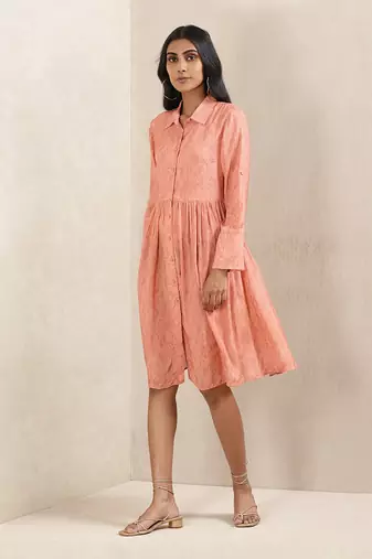 Peach Printed Silk Dress by RITU KUMAR