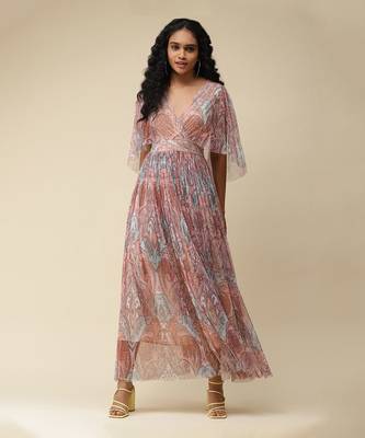 V-Neck 3/4Th Sleeves Printed Long Dress by LABEL 1