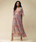 V-Neck 3/4Th Sleeves Printed Long Dress by LABEL