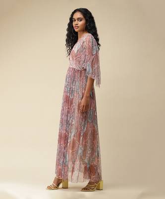 V-Neck 3/4Th Sleeves Printed Long Dress by LABEL 2