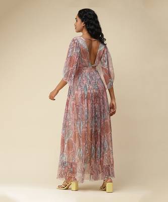 V-Neck 3/4Th Sleeves Printed Long Dress by LABEL 3