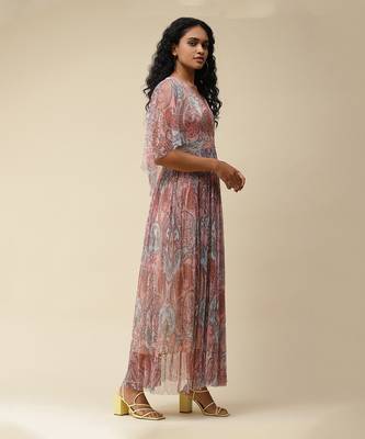 V-Neck 3/4Th Sleeves Printed Long Dress by LABEL 4