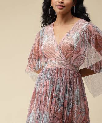 V-Neck 3/4Th Sleeves Printed Long Dress by LABEL 5