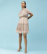 V-Neck Ruffled Sleeves Printed Short Dress