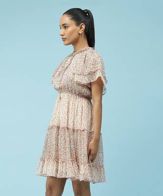 V-Neck Ruffled Sleeves Printed Short Dress 2