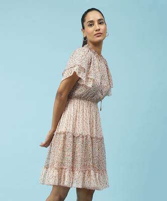 V-Neck Ruffled Sleeves Printed Short Dress 4
