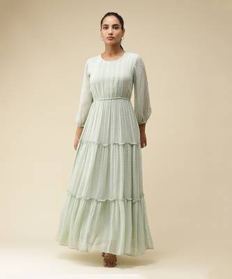Round Neck 3/4Th Sleeves Solid Pleated Long Dress by LABEL 1
